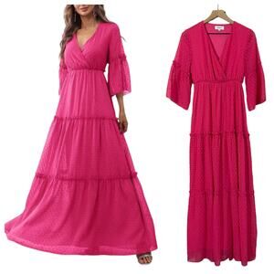 Faeriesty Swiss Dot Surplice Neck Flounce Sleeve Ruffle Hem Dress - Pink - Small